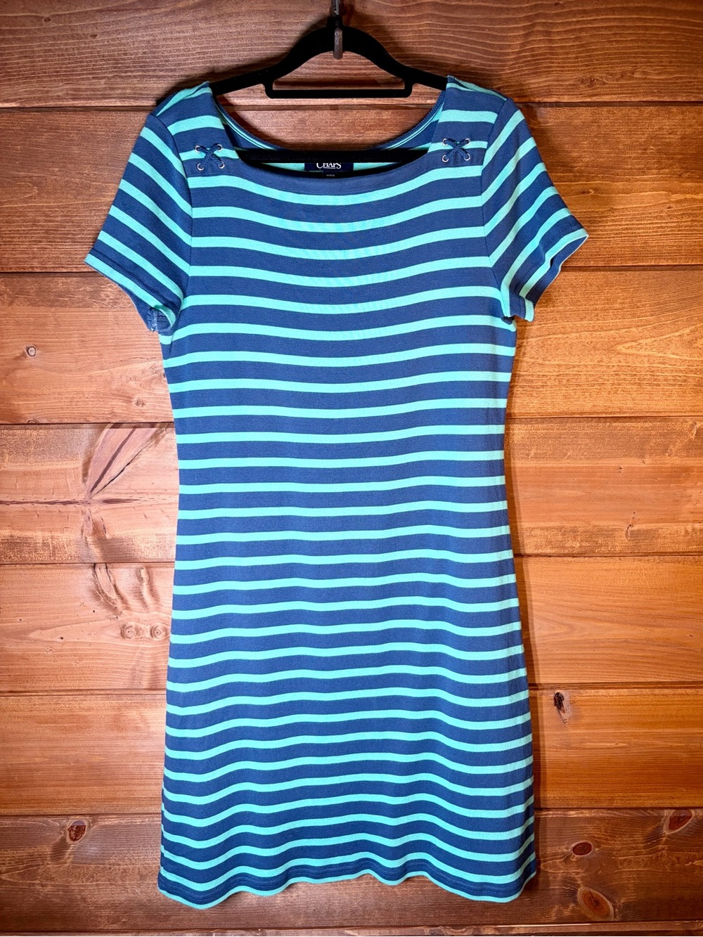 Chaps 100% Cotton Striped Mini Dress in Navy and Teal Size Medium 💙